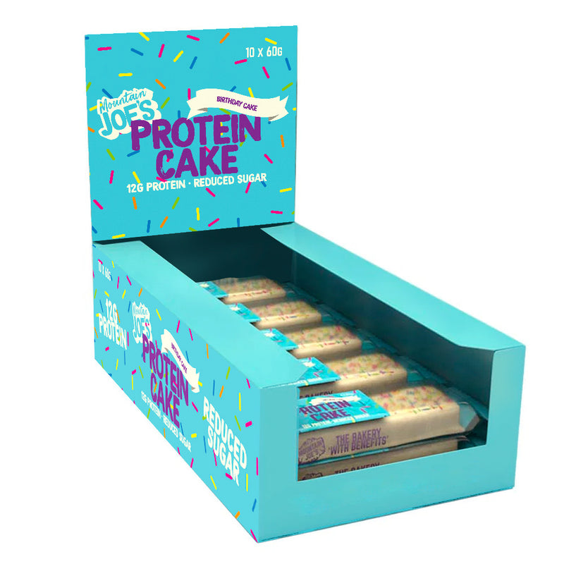 A box of Mountain Joe's Protein Birthday Cake Bars
