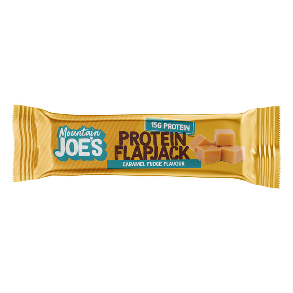 A bar of Mountain Joe's Caramel Fudge Protein Flapjack