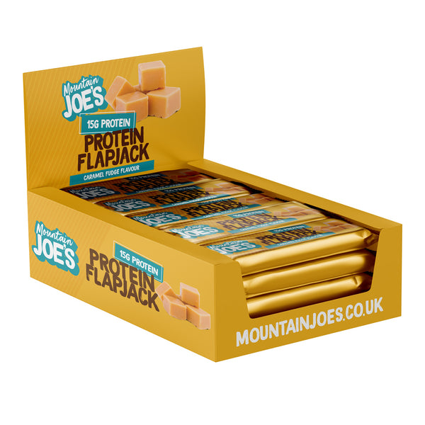 A box of Mountain Joe's Caramel Fudge Protein Flapjacks