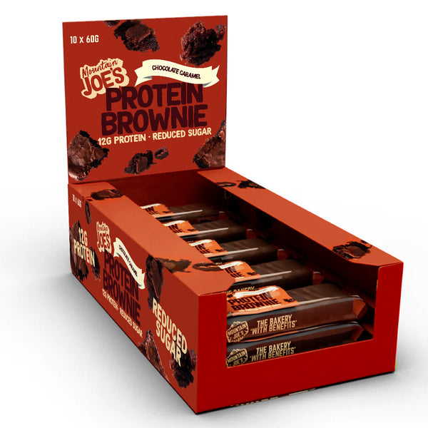 A box of Mountain Joe's Chocolate Caramel Protein Brownies