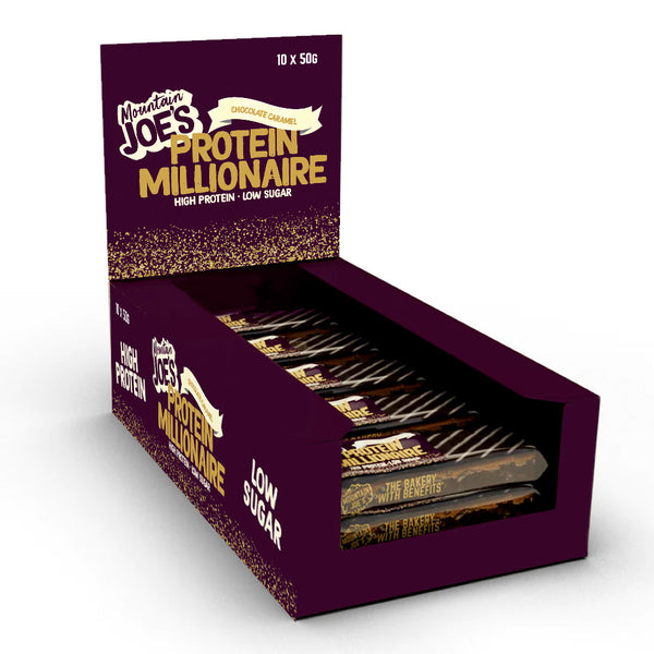 A box of Mountain Joe's Chocolate Caramel Protein Millionaires