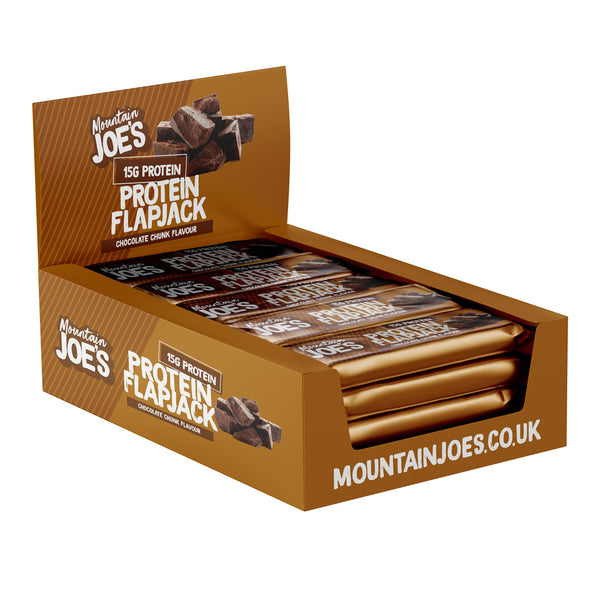 A box of Mountain Joe's Chocolate Chunk Protein Flapjacks