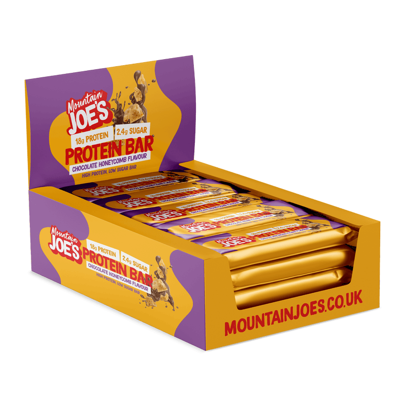 A box of Mountain Joe's Chocolate Honeycomb Protein Bars