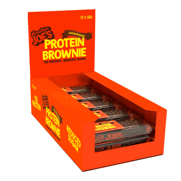 A box of Mountain Joe's Chocolate Peanut Protein Brownies