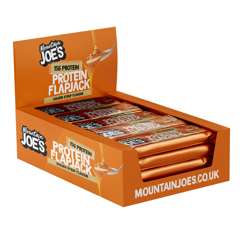 A box of Mountain Joe's Golden Syrup Protein Flapjacks