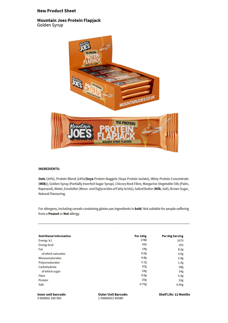 Ingredients and nutritional information for Mountain Joe's Golden Syrup Protein Flapjacks