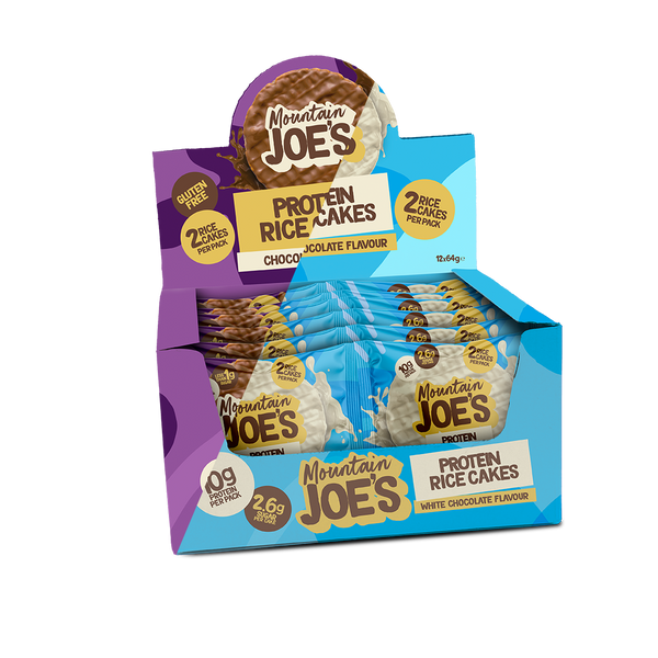 A mixed box of Mountain Joe's Chocolate and White Chocolate Protein Rice Cakes