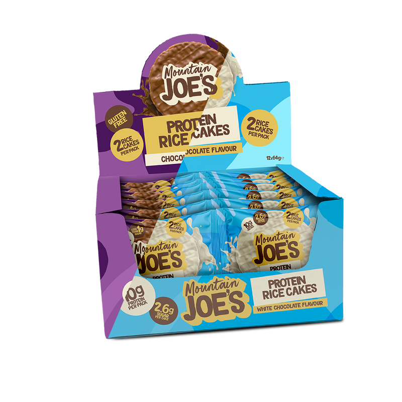 A mixed box of Mountain Joe's Chocolate and White Chocolate Protein Rice Cakes