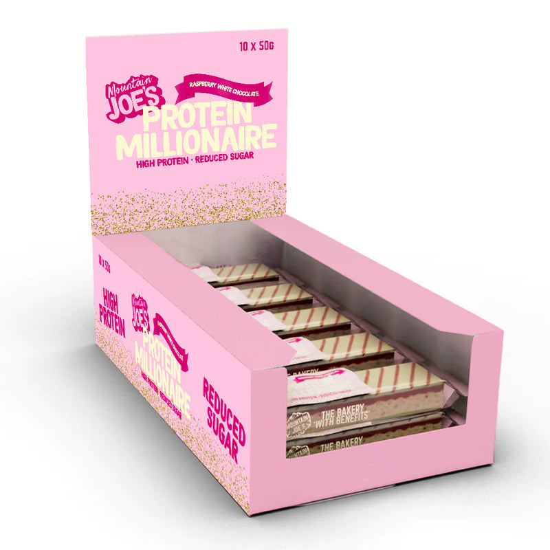 A box of Mountain Joe's Raspberry White Chocolate Protein Millionaires