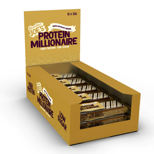 A box of Mountain Joe's White Chocolate Caramel Protein Millionaires