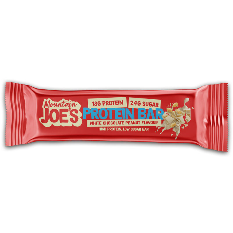 A Mountain Joe's White Chocolate Peanut Protein Bar