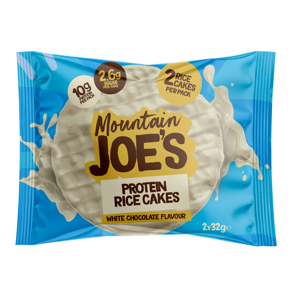 A single pack of Mountain Joe's White Chocolate Protein Rice Cakes