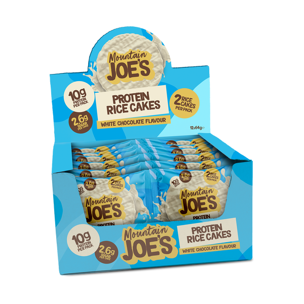 A box of Mountain Joe's White Chocolate Protein Rice Cakes