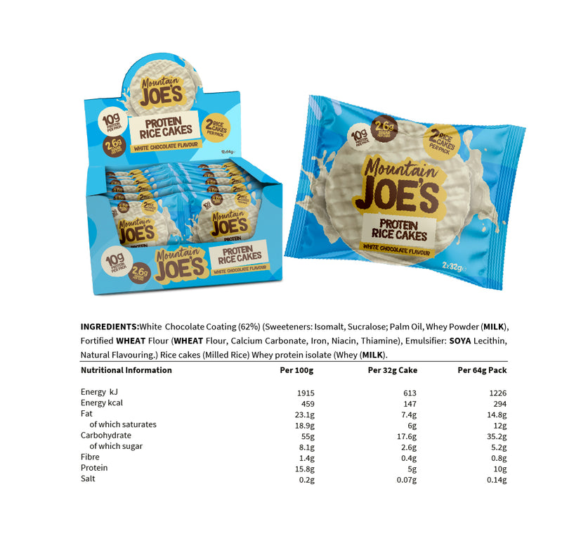 Ingredients and nutritional information for Mountain Joe's White Chocolate Protein Rice Cakes