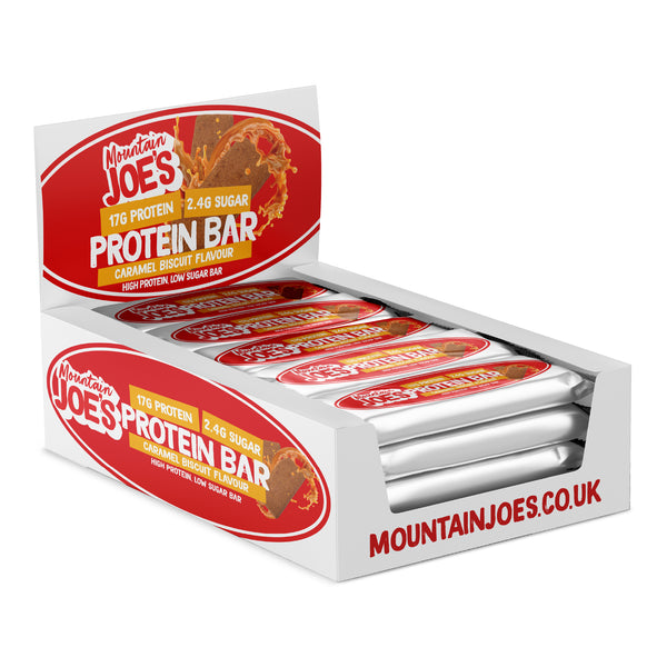 A box of Mountain Joe's Caramel Biscuit Protein Bars