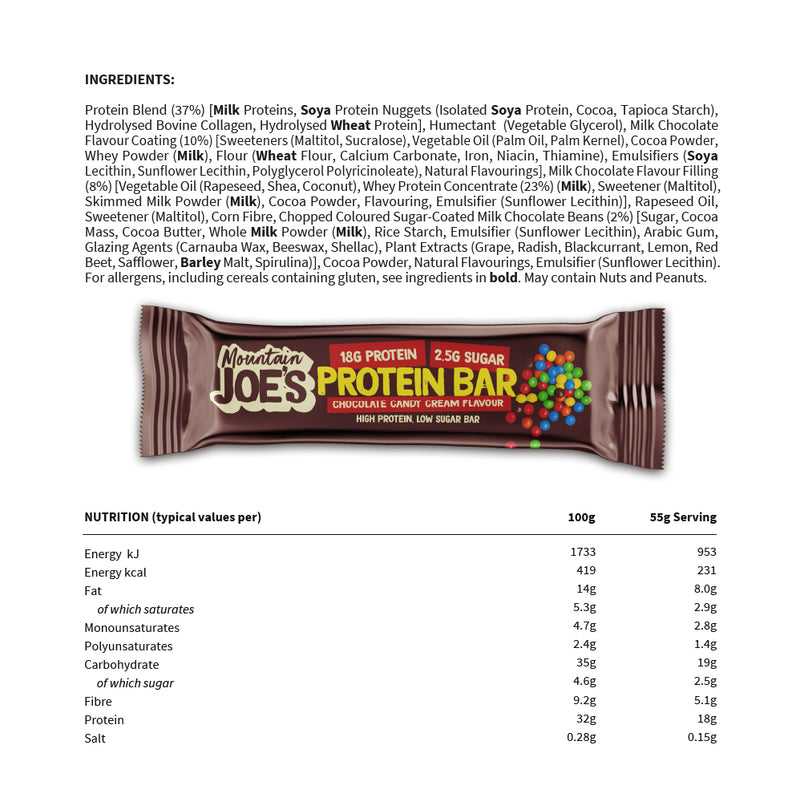 Ingredients and nutritional information for Mountain Joe's Chocolate Candy Cream Protein Bars