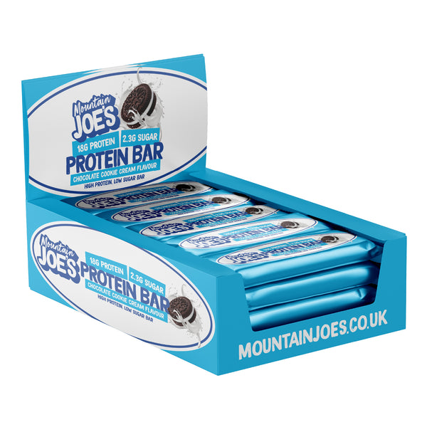 A box of Mountain Joe's Chocolate Cookie Cream protein bars