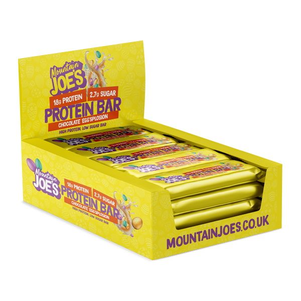 A box of Mountain Joe's Chocolate Eggsplosion Protein Bars