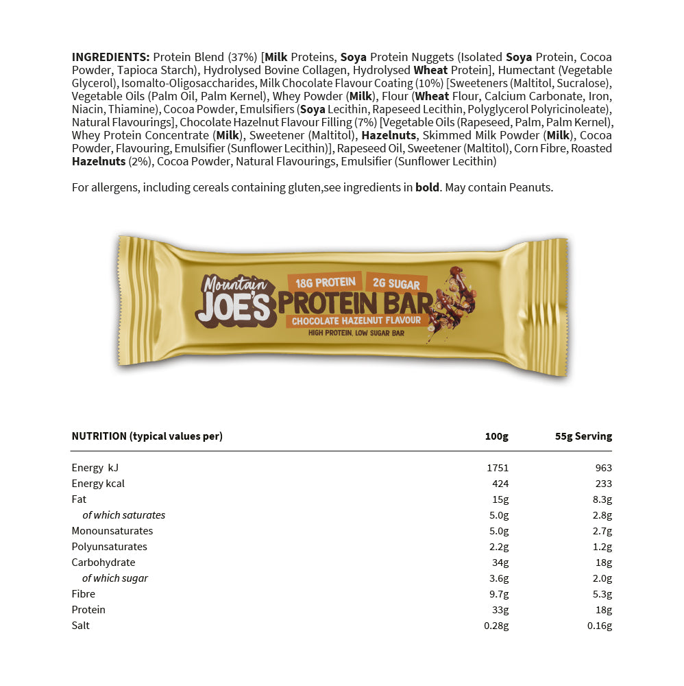 Chocolate Hazelnut Protein Bar (12x55g) – Mountain Joe's