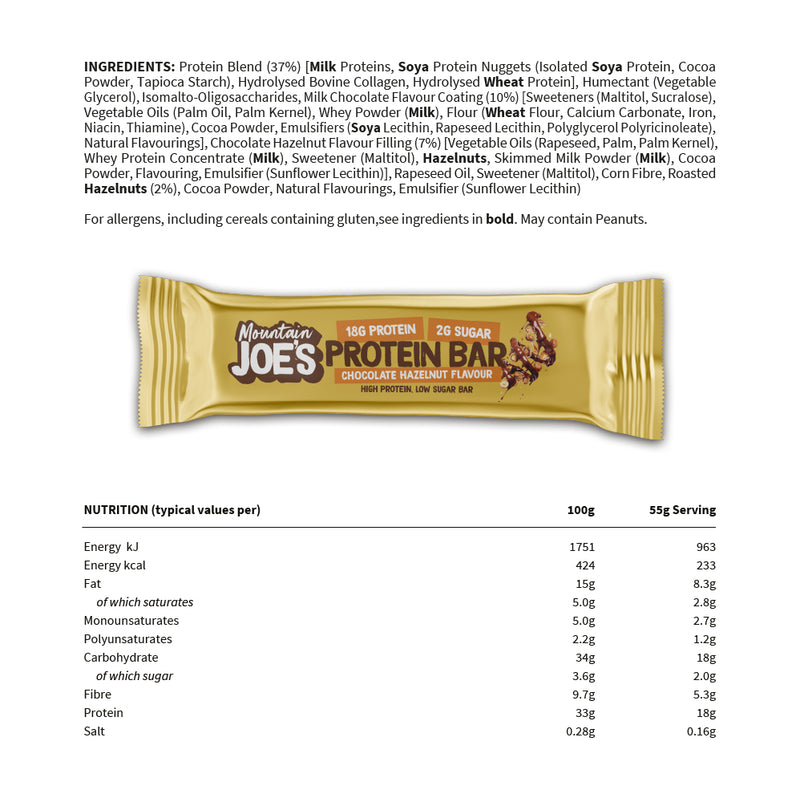 Ingredients and nutritional information for Mountain Joe's Chocolate Hazelnut Protein Bars 