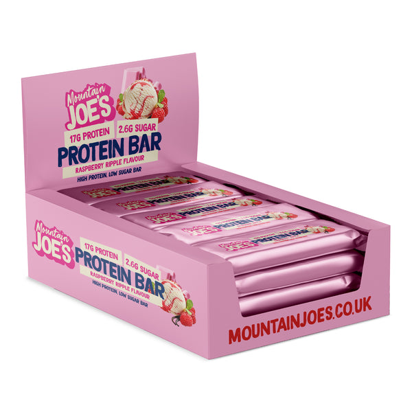 A box of Mountain Joe's Raspberry Ripple Protein Bars