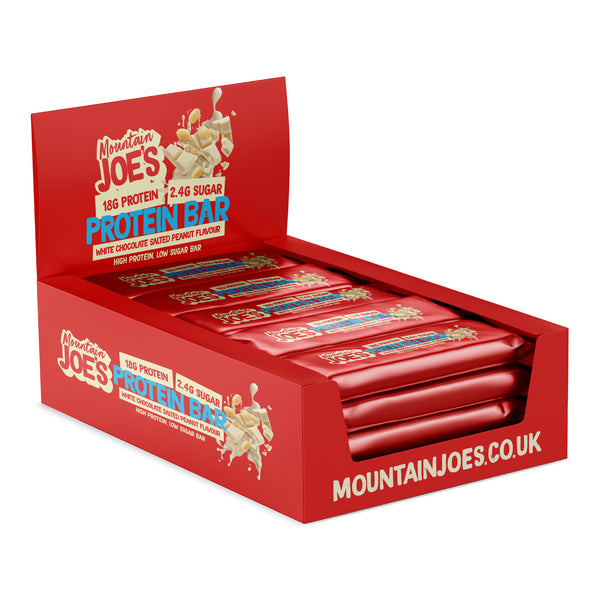 A box of Mountain Joe's White Chocolate Salted Peanut Protein Bars